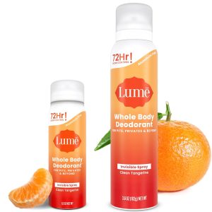Lume Invisible Spray Deodorant For Women Two Pack - Full Size & Mini Whole Body Deodorant Spray - 72 Hr Odor Control - Aluminum & Baking Soda Free - 2 Piece Bundle - 3.6 oz & 1.0 oz (Clean Tangerine) | 72 Hr Odor Control All Day Protection Aluminum Free Baking Soda Paraben Feet Environmentally Friendly