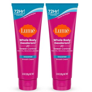 Lume Whole Body Sweat Control Deodorant Cream Tube - 3 oz. 2 pk Unscented | 72 Hour Odor Sweat Control Baking Soda Free Made USA deodorant lotion antiperspirant