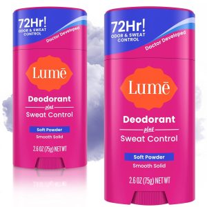 Lume Sweat Control Deodorant Solid Stick. 2 pk (Soft Powder) | 72 Hour Odor Sweat Control Baking Soda Free Extra Strength Antiperspirant deodorant women full body