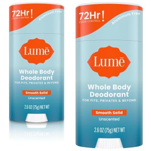 Lume Whole Body Deodorant - Solid Stick - 2.6 oz. 2 pk (Unscented) | 72-Hour Odor Control. Aluminum & Baking Soda Free. Skin-Safe. Whole-Body Deodorant for Women