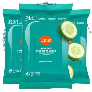 Lume Acidified Deodorant Wipes - 45 ct. 3 pk (Cool Cucumber) | 24 Hour Odor Control Aluminum Free Baking Soda Whole Body flushable wipes deodorant women full