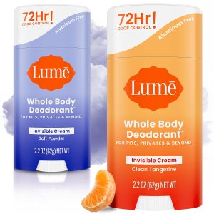 Lume Whole Body Deodorant Cream Stick - 2.2 oz 2 pk Soft Powder & Tangerine | 72-Hour Odor Control. Aluminum & Baking Soda Free. Doctor Developed. Whole-Body Deodorant for Women