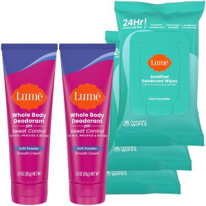 Lume Whole Body Deodorant Plus Sweat Control - Smooth Cream Tube (Soft Powder) and Lume Acidified Deodorant Wipes - 24 Hour Odor Control - Aluminum Free. Baking Soda Free. Skin Loving