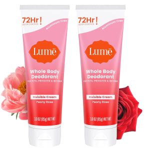 Lume Whole Body Deodorant - Cream Tube - 3 oz. 2 pk (Peony Rose) | 72 Hour Odor Control Aluminum Free Baking Soda Skin Safe deodorant lotion women full body