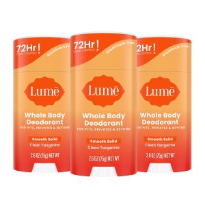 Lume Whole Body Deodorant - Solid Stick - 2.6 oz. 3 pk (Clean Tangerine) | 72 Hour Odor Control Aluminum Free Baking Soda deodorant women underarms private parts