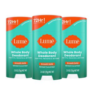 Lume Whole Body Deodorant - Solid Stick - 2.6 oz. 3 pk (Minted Cucumber) | 72-Hour Odor Control. Aluminum & Baking Soda Free. Whole-Body Deodorant for Women — Safe for Underarms & Private Parts