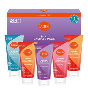 Lume Acidified Body Wash 5 pk Mini Sampler - 1.5 oz (combo scents) | 24 Hour Odor Control Paraben Free SLS body eliminator moisturizing wash sensitive skin