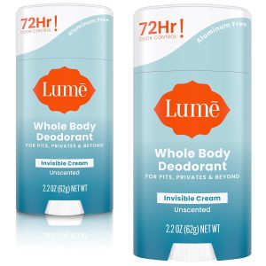 Lume Whole Body Deodorant - Cream Stick - 2.2 oz. 2 pk (Unscented) | 72 Hour Odor Control Aluminum Free Baking Soda Skin Safe Feet deodorant lotion women