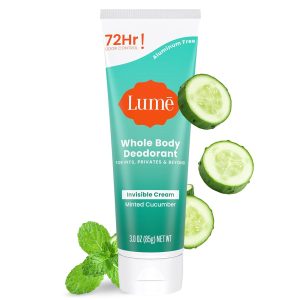 Lume Whole Body Deodorant - Cream Tube - 3 oz (Minted Cucumber) | 72 Hour Odor Control Aluminum Free Baking Soda Paraben Skin Safe deodorant lotion women