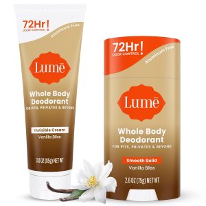 Lume Whole Body Deodorant Cream Tube + Solid Stick - 3oz and 2.6 oz Vanilla | 72-Hour Odor Control. Aluminum & Baking Soda Free. Whole-Body Deodorant for Women — Safe for Underarms & Private Parts