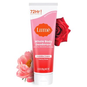 Lume Whole Body Deodorant - Cream Tube - 3 oz (Peony Rose) | 72 Hour Odor Control Aluminum Free Baking Soda Paraben Skin Safe Feet deodorant lotion women