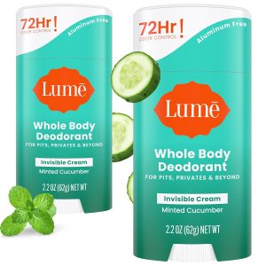Lume Whole Body Deodorant - Cream Stick - 2.2 oz. 2 pk (Minted Cucumber) | 72 Hour Odor Control Aluminum Free Baking Soda Skin Safe deodorant lotion women full body