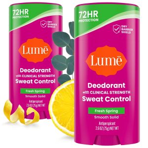 Lume Sweat Control Deodorant Solid Stick. 2 pk (Fresh Spring) | 72 Hour Odor Sweat Control All Day Protection Baking Soda Free Paraben Sulfate Cruelty