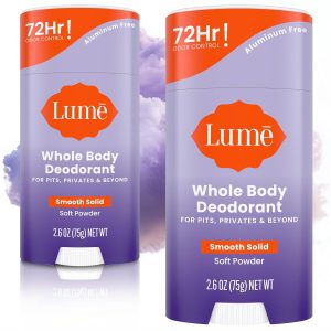 Lume Whole Body Deodorant - Solid Stick - 2.6 oz. 2 pk (Soft Powder) | 72-Hour Odor Control. Aluminum & Baking Soda Free. Skin-Safe. Whole-Body Deodorant for Women