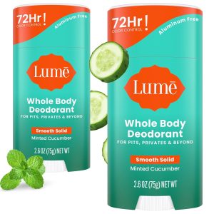 Lume Whole Body Deodorant - Solid Stick - 2.6 oz. 2 pk (Minted Cucumber) | 72 Hour Odor Control Aluminum Free Baking Soda Skin Safe deodorant women underarms private parts