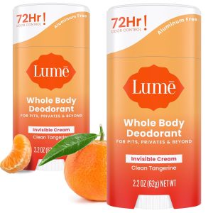 Lume Whole Body Deodorant - Cream Stick - 2.2 oz. 2 pk (Clean Tangerine) | 72 Hour Odor Control Aluminum Free Baking Soda Skin Safe Feet deodorant lotion women